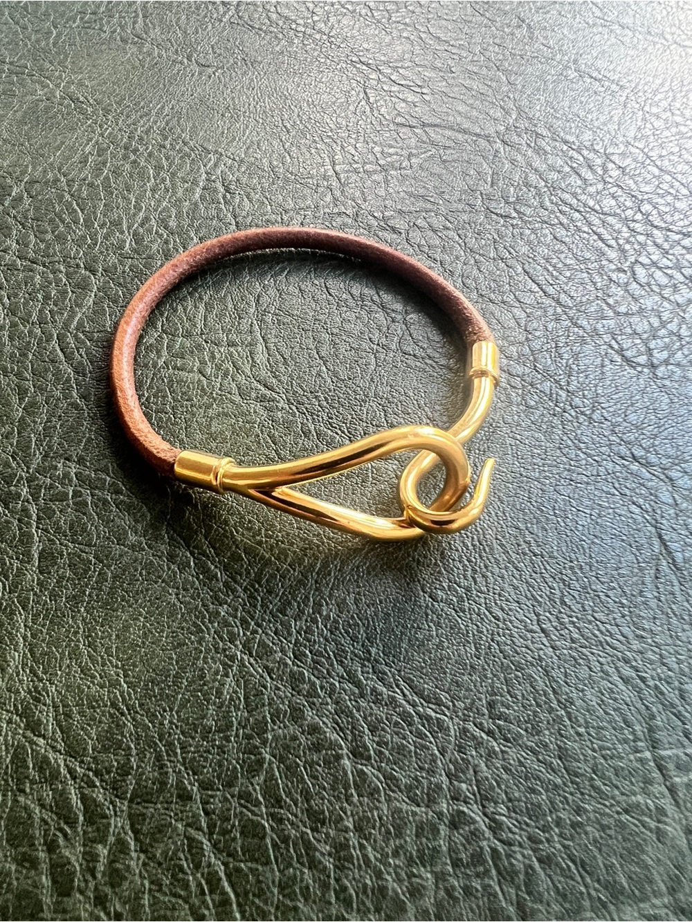Hermes Brown Leather Bracelet with Gold Knot Hook